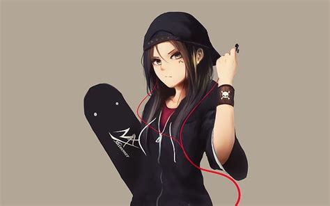 HD wallpaper: Anime, Girl, Black Eyes, Black Hair, Cap, Earbuds ...