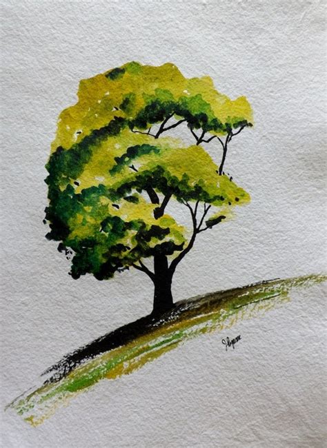 Original Watercolor Green Tree Painting Simple Tree by pinetreeart