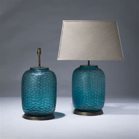 Pair Of Large Blue Cut Glass Lamps On Distressed Brass Bases (T3031 ...