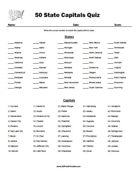 50 State Capitals Quiz – Free Printable