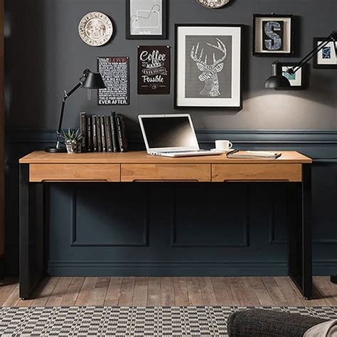 47.2" Rustic Wooden Natural & Black Office Desk with Drawers & Metal ...