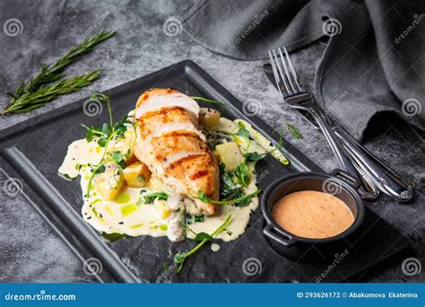 Baked Chicken Fillet in Creamy Sauce with Herbs Side View Stock Photo ...