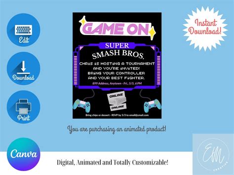 Super Smash Bros Party Invitation Downloadable Customizable Printable ...