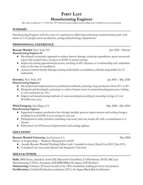 10 Manufacturing Engineer Resume Examples for 2025 | Resume Worded