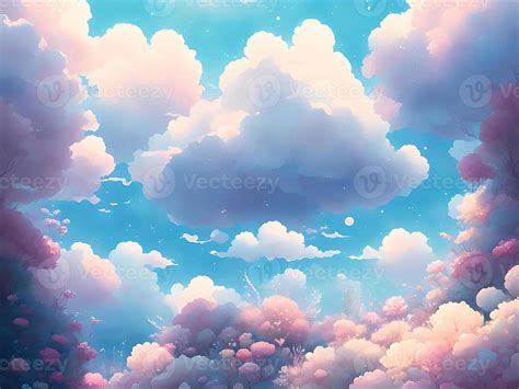 Adorable anime clouds dreamy background with pastel flowers color ...