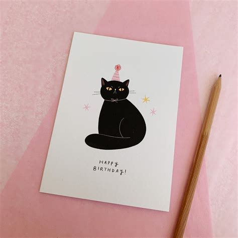 Happy Birthday Cat Card / Illustrated Cat Greetings Card, Black Cat ...