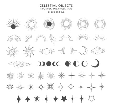 Moon Phases Sun Star Celestial Rays Clouds Clipart Crescent - Etsy