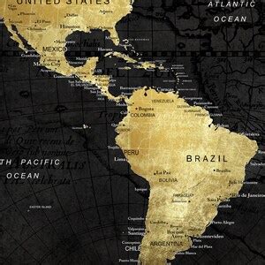 World Map Black and Gold Textured Wall Art, Push Pin Decor Atlas Print ...