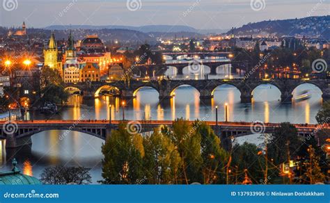 View of Bridges on Vltava River at Night Stock Photo - Image of ...