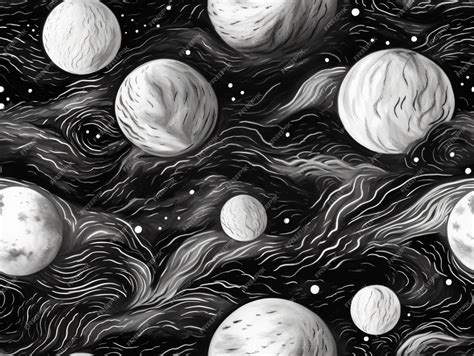 Premium AI Image | A black and white drawing of planets and clouds in ...