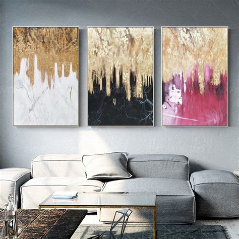 3 pieces Originl Abstract gold leaf waterfall Acrylic Painting On ...