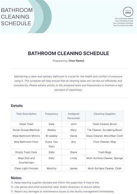 Free Bathroom Cleaning Schedule Template - Edit Online & Download ...