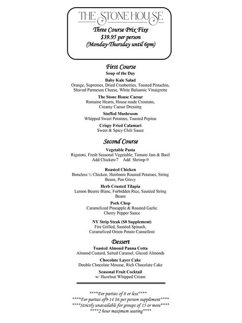 Prix Fixe Dinner Menu - The Stone House