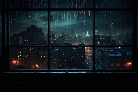 Premium AI Image | a rainy night scene with a cityscape in the background.