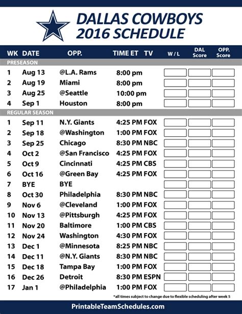 Dallas Cowboys 2023 Printable Schedule