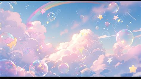 Pastel Rainbow Sky With Dreamy Clouds Bubbles And Stars A 3d Rendered ...