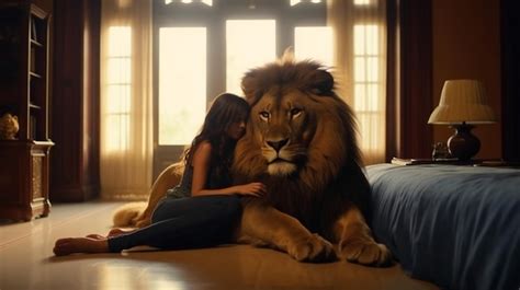 Premium AI Image | a woman and a lion are sitting on a floor with the ...