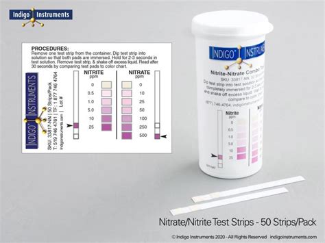 Nitrite 25ppm, Nitrate 500ppm, Test Strips ~50/vial, Indigo