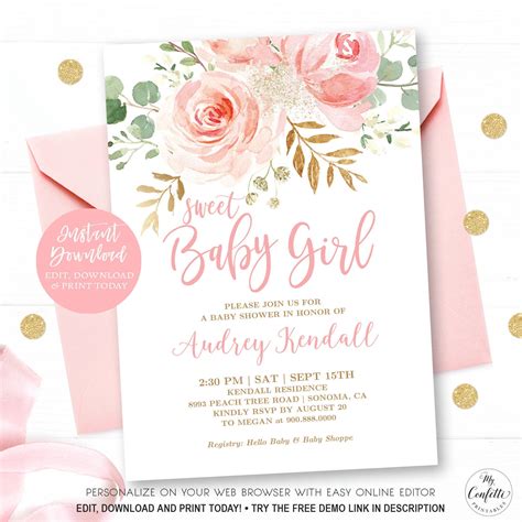 girl baby shower invite Pink blush floral baby shower invitation ...