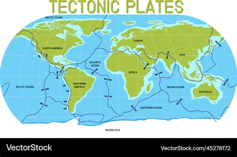 Map of tectonic plates and boundaries Royalty Free Vector