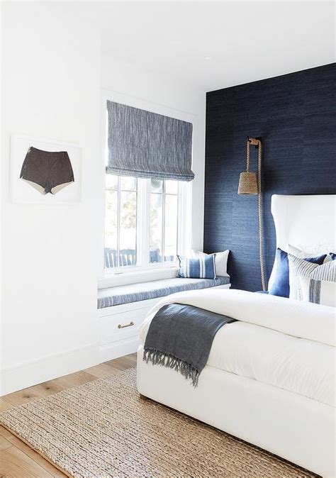 Navy Blue Accent Wall With White Bed Cottage Bedroom