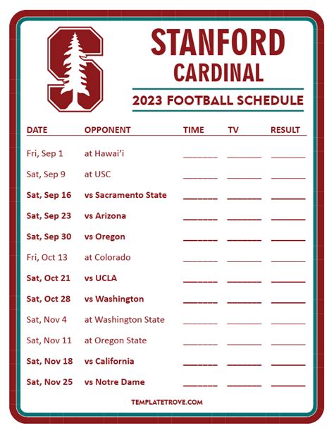 Printable 2023 Stanford Cardinal Football Schedule