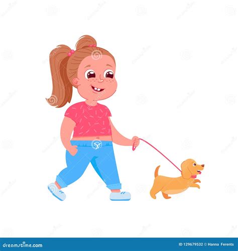 Cute Child Girl Character Walks Dog Stock Vector Illustration Of