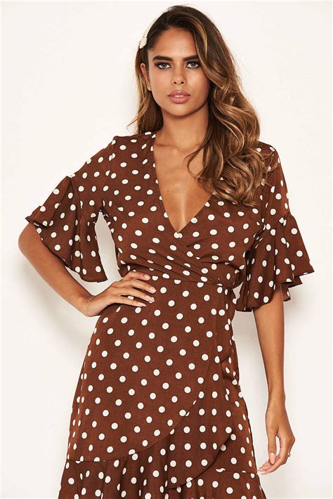 Brown Polka Dot Wrap Frill Dress – AX Paris