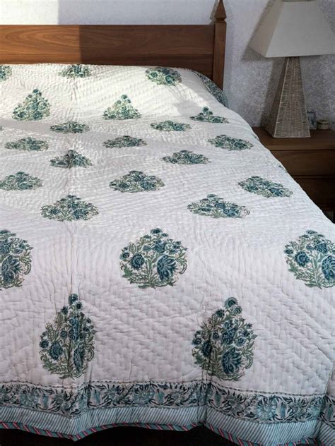 Sage Green Floral Reversible Indian Cotton Quilt | Silk Road Gallery