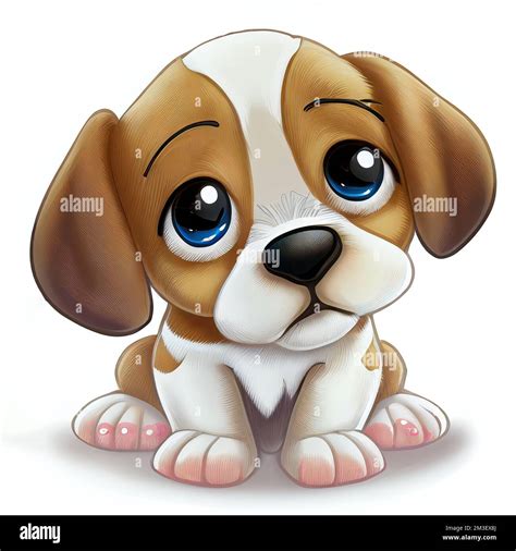 a cartoon puppy with blue eyes sitting down on the ground with a sad ...