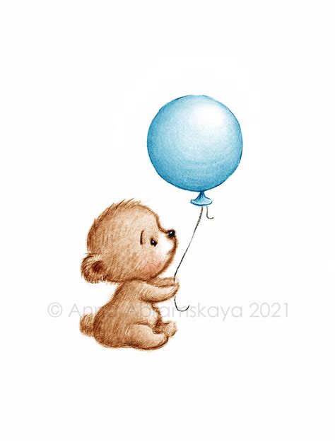 The drawing of cute teddy bear with blue balloon. Printable | Etsy