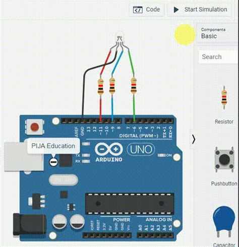 Code blocks for RGB LED interfacing with Arduino in Tinkercad