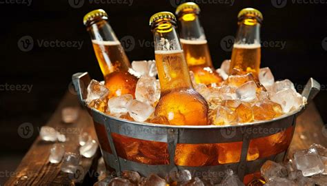 AI generated Refreshing beer bottle on wooden table, ice cold generated ...