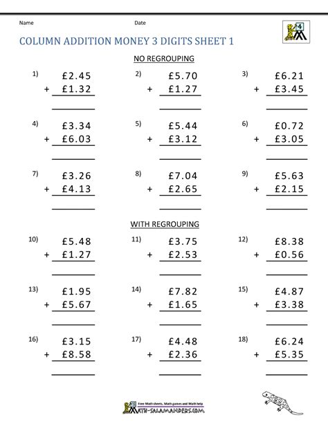 Money Addition Worksheets UK Money