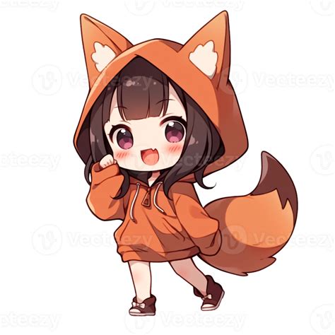 Cute Chibi Girl Wearing A Fox Hoodie AI Generative 33494350 PNG