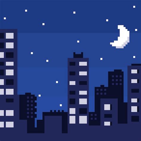 Pixel art città notturna con paesaggio cielo nuvole silhouette città ...