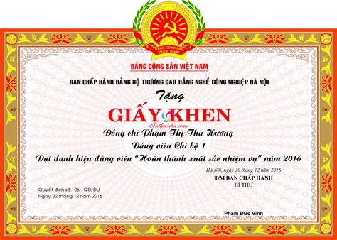 Mẫu giấy khen dành cho cán bộ trong Đảng