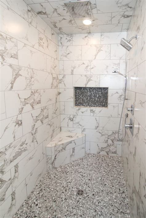 Master Bath with Marble Tile Shower Walls | Marble shower tile, Shower ...