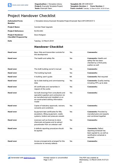 Handover Certificate Template - Sarseh.com