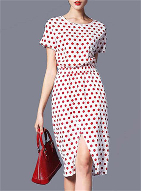 Women's Red Polka Dot Dress - White / Round Classic Neckline