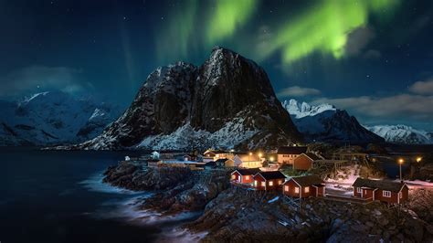 Lofoten Norway Village Aurora Northern Lights 4k Wallpaper,HD Nature ...