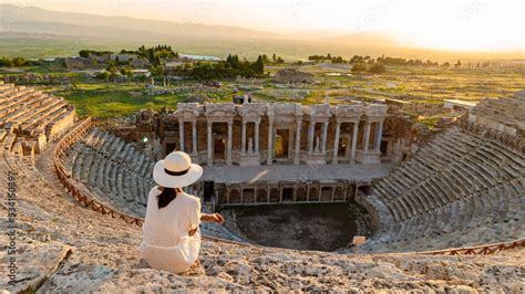 Hierapolis ancient city Pamukkale Turkey, sunset by the ruins Unesco ...