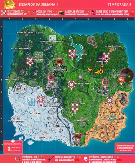 Mapa dos desafios da Semana 1 da Temporada 9 de Fortnite