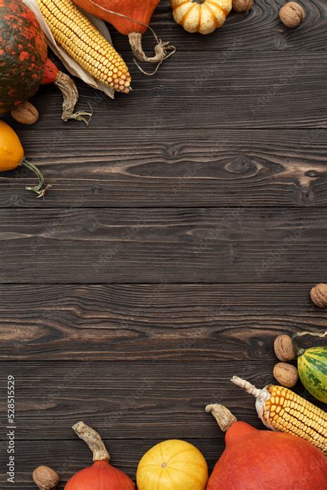 Thanksgiving vintage background with autumn harvest of squah and corn ...