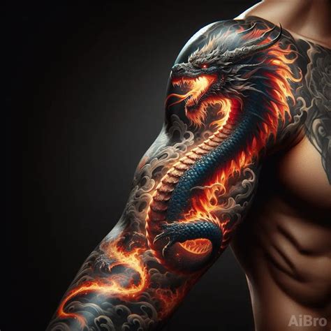 Fire-breathing dragon tattoo on a man’s arm in 2024 | Dragon sleeve ...