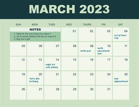 March 2023 Calendar with Holidays Templates