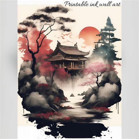 PRINTABLE Chinese Ink Painting Mountains and River Landscape Wall Art ...