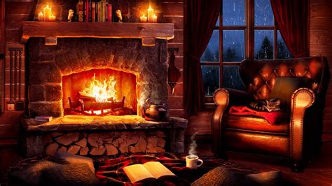 Stormy Night Cozy Cabin Ambience with Relaxing Rain and Fireplace ...