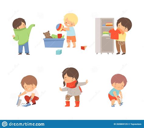 Little Independent Children Set. Boys and Girls Getting Dressed ...