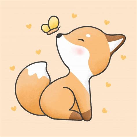 Cute Fox And Butterfly Cartoon Hand Drawn Style | Cute cartoon drawings ...